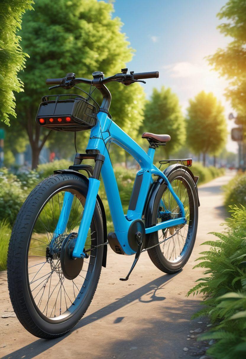 A vibrant cityscape merging seamlessly with a picturesque outdoor trail; an array of stylish electric bicycles displayed prominently, showcasing various models ideal for adventure. Include excited riders in both urban and natural settings, highlighting versatility and adventure spirit. Bright blue skies and lush greenery enhance the environment. Dynamic perspective emphasizing movement and exploration. super-realistic. vibrant colors. 3D.