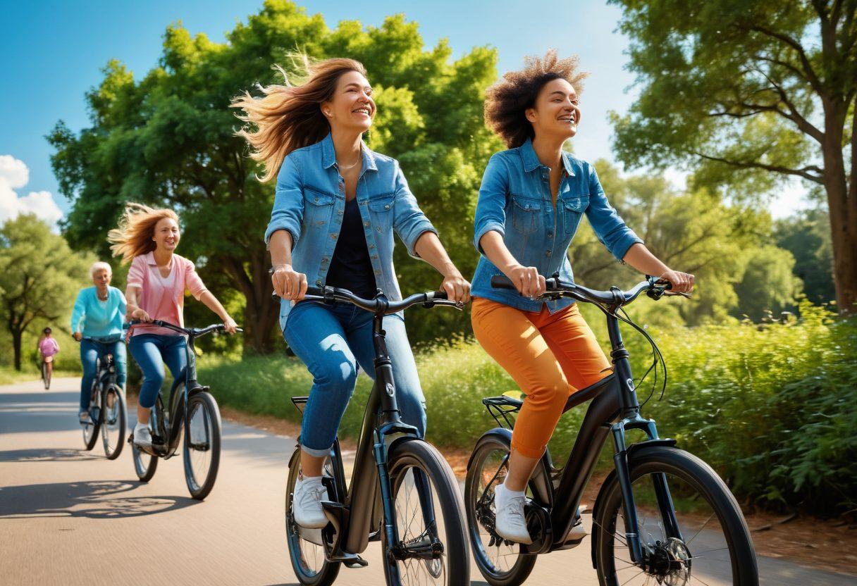A dynamic scene featuring diverse cyclists of different ages joyfully riding high-performance e-bikes through a sunlit park. Vibrant e-bikes should be in focus, showcasing sleek designs and colors, with a background filled with lush greenery and blue skies. Include facial expressions of exhilaration and joy to express the thrill of riding. Incorporate a gentle breeze indicated by flowing hair and fluttering clothes, capturing the essence of freedom. super-realistic. vibrant colors. sunny atmosphere.