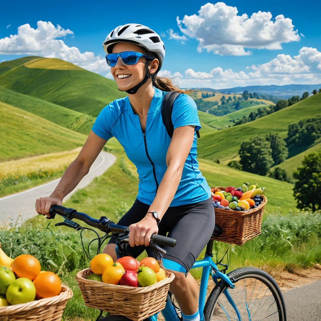A vibrant scene of a cyclist riding through a picturesque landscape, showcasing essential accessories like a colorful helmet, stylish sunglasses, a hydration pack, and a cheerful bike basket filled with fresh fruits. The background features rolling hills and a bright blue sky with fluffy clouds, symbolizing the joy of cycling. Bright colors and a sense of motion enhance the lively atmosphere. super-realistic. vibrant colors. white background.